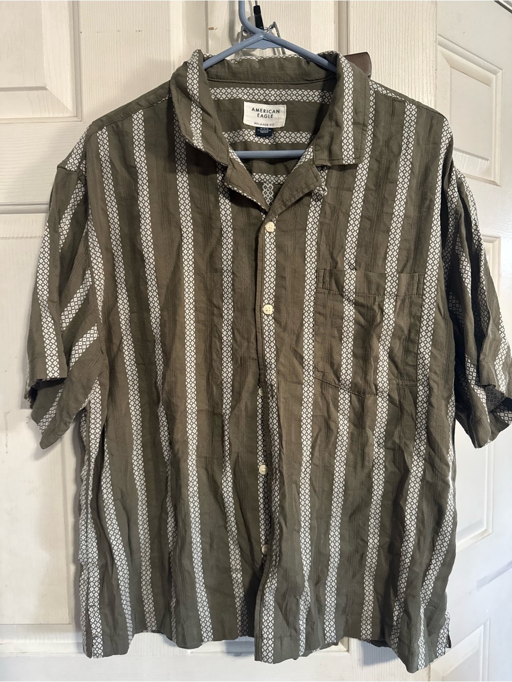 American Eagle Outfitters Olive & White Striped Short-Sleeve Button-Up Shirt